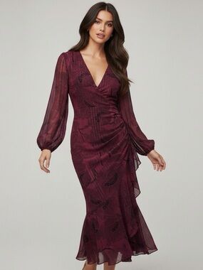 ASTR The Label Women’s Wine & Black Floral Long Sleeve Wrap Midi Dress NEW